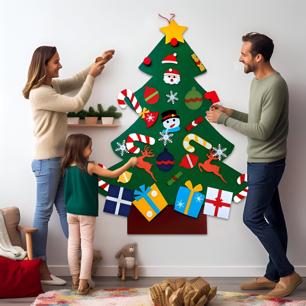 Novogodišnja jelka od filca za zid sa 26 ukrasa koji se lepe