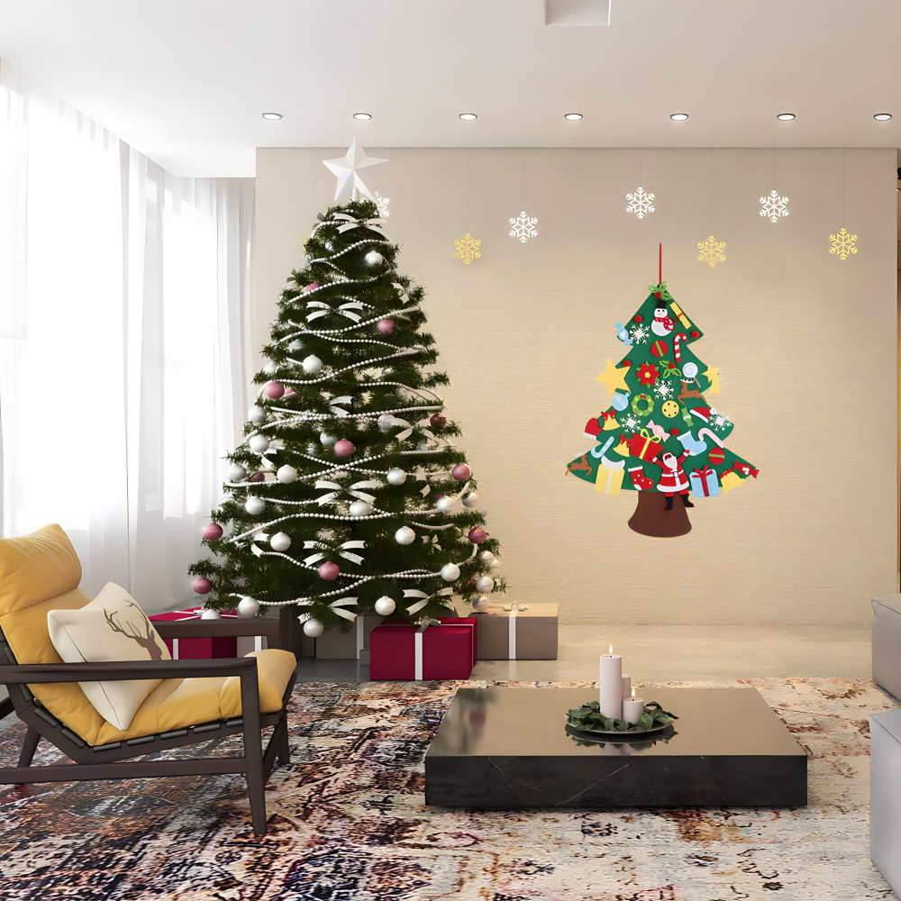 Novogodišnja jelka od filca za zid sa 26 ukrasa koji se lepe